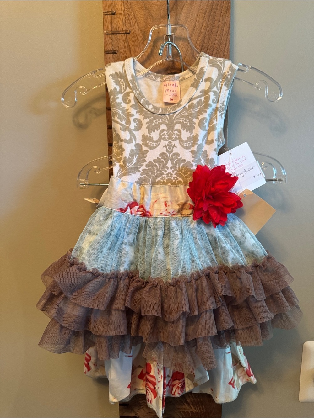 Giggle Moon Cream and Blue Layered Floral Tulle Dress with Red Flower